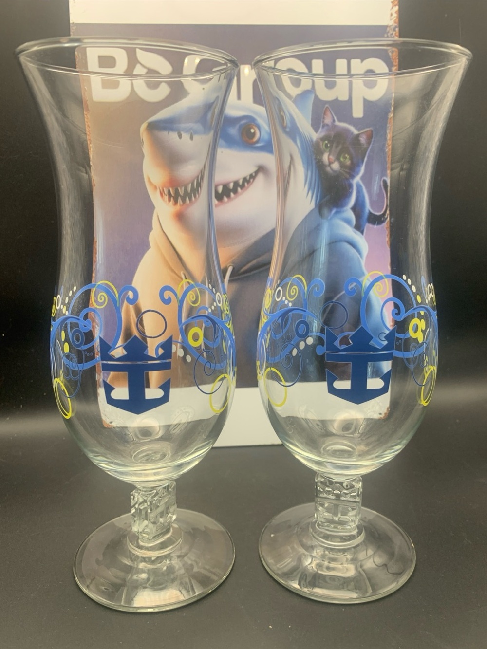 Vintage Royal Caribbean Cruise Hurricane Glass Lot of 2 Anchor Scroll Logo Stem